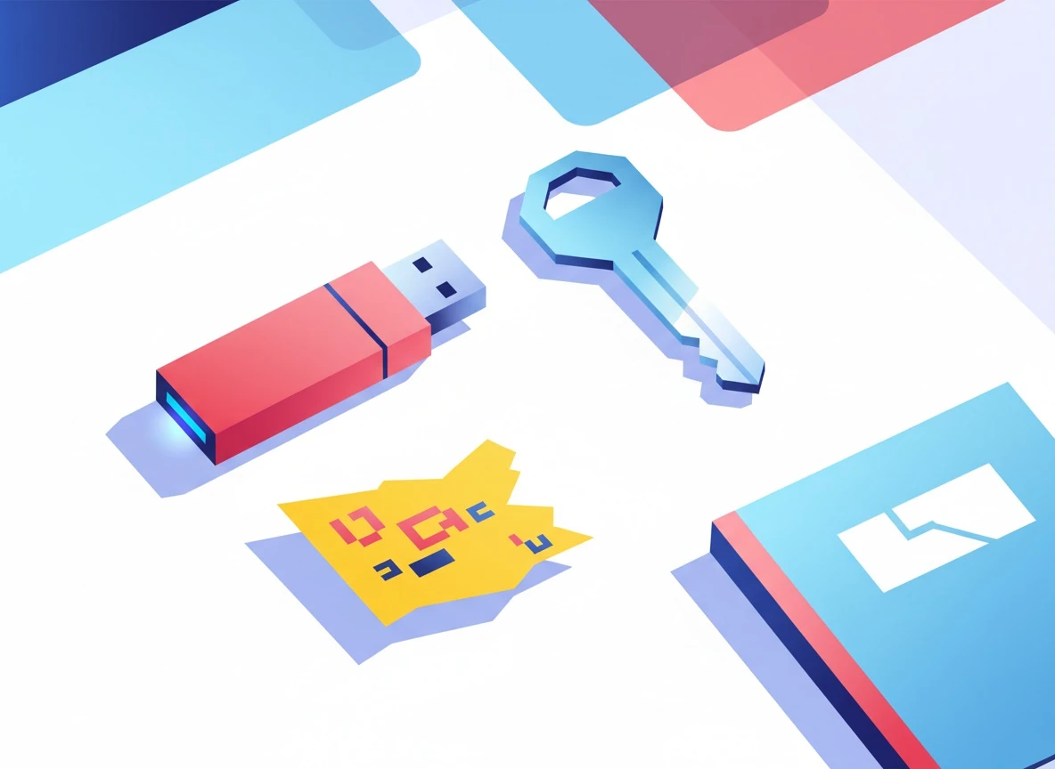 A USB drive and key beside a note of random symbols - representing local key generation and ciphertext-only storage – zero-knowledge